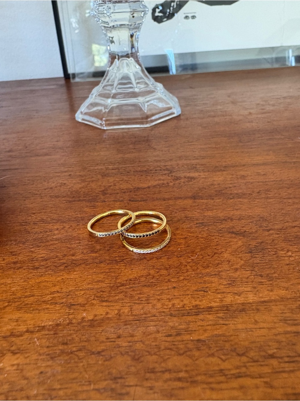 Delicate Gold Stacking Rings Trio with Crystal Accents